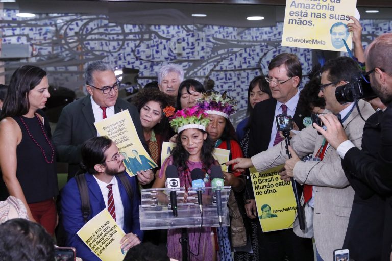 Mobilização contra o projeto que permite mineração em terras indígenas. India Guarani, Fwanfe