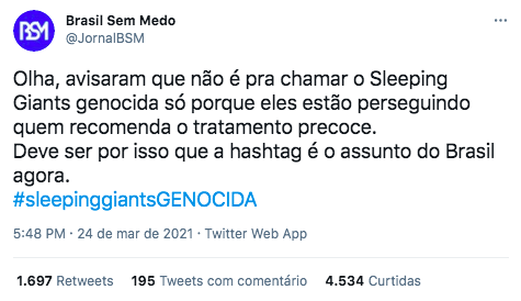 Defensores de tratamento precoce contra a covid-19 atacam perfil Sleeping Giants 28 printbrasilsemmedo