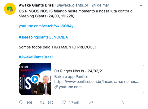 Defensores de tratamento precoce contra a covid-19 atacam perfil Sleeping Giants 30 printpingosnosits