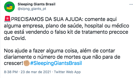 Defensores de tratamento precoce contra a covid-19 atacam perfil Sleeping Giants 18 printsleepinggiants
