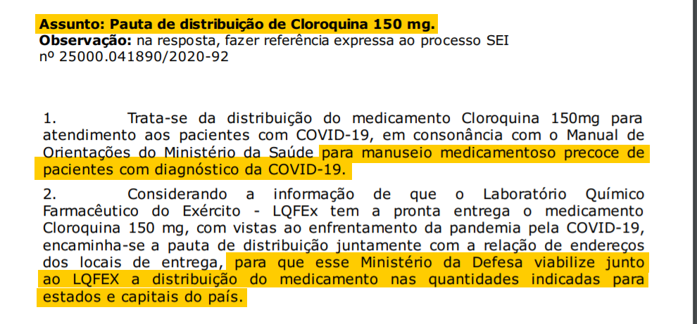 print 2 ministerio da saude pediu a exercito envio de cloroquina para todo o brasil com emergencia