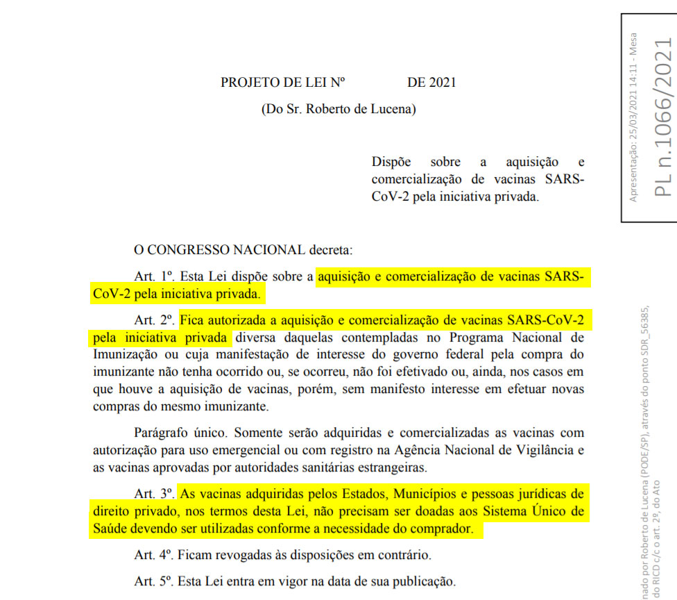 projeto de lei do deputado roberto de lucena sobre compra de vacinas por empresas