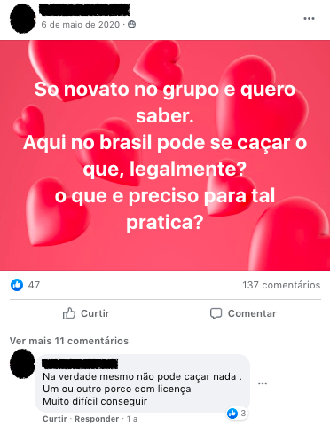 Caçadores ilegais: brasileiros compartilham dicas de caça e venda de armas no Facebook 14 Print de conversa entre membros de grupo de caça sobre ilegalidade da prática