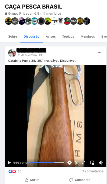 Caçadores ilegais: brasileiros compartilham dicas de caça e venda de armas no Facebook 19 Postagem de venda de arma no grupo "Caça e Pesca Brasil"