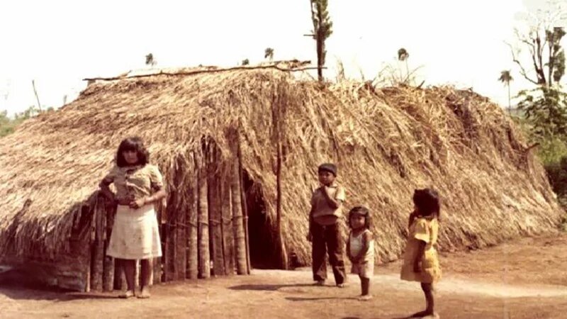A crise dos indígenas Avá-Guarani desterrados por Itaipu 13 Na imagem, uma mulher e três crianças indígenas estão em frente à uma construção de madeira e palha