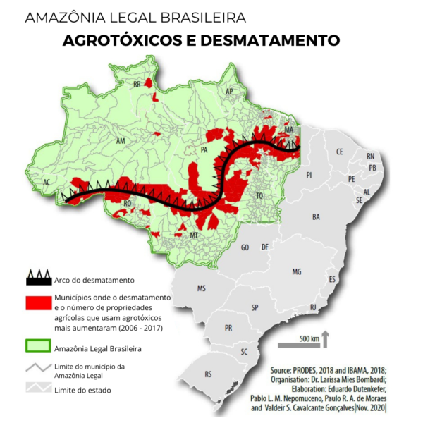 Imagem mostra dentro do território brasileiro as áreas em que o desmatamento e uso de agrotóxicos coincidem