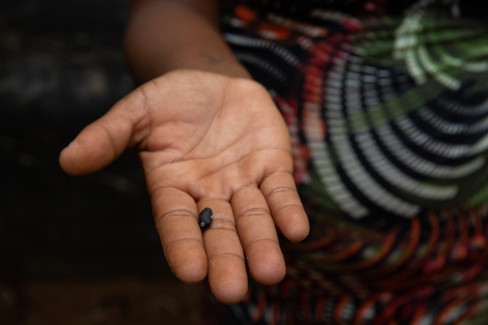 A imagem mostra uma mão de uma mulher negra com a palma aberta para cima, segurando um único grão de feijão