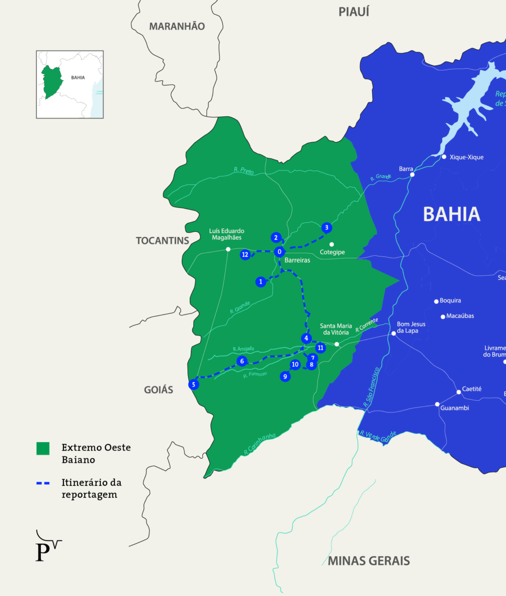 Mapa mostra o itinerário da reportagem, que percorreu o oeste baiano